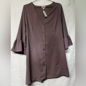 ENTRO Womens Mauve Purple Mini Dress with Buttons Flutter Sleeve Large NWT
